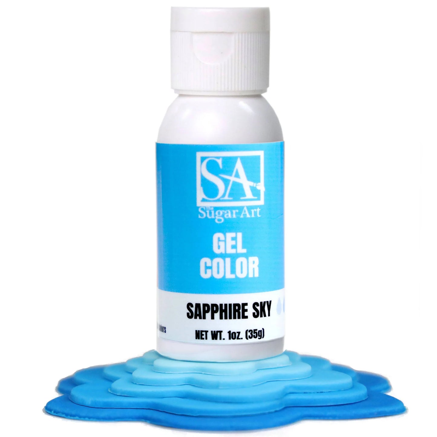 A bottle of Sugar Art Intense Gel Food Coloring in a vibrant shade, shown with the color swatch under each bottle.