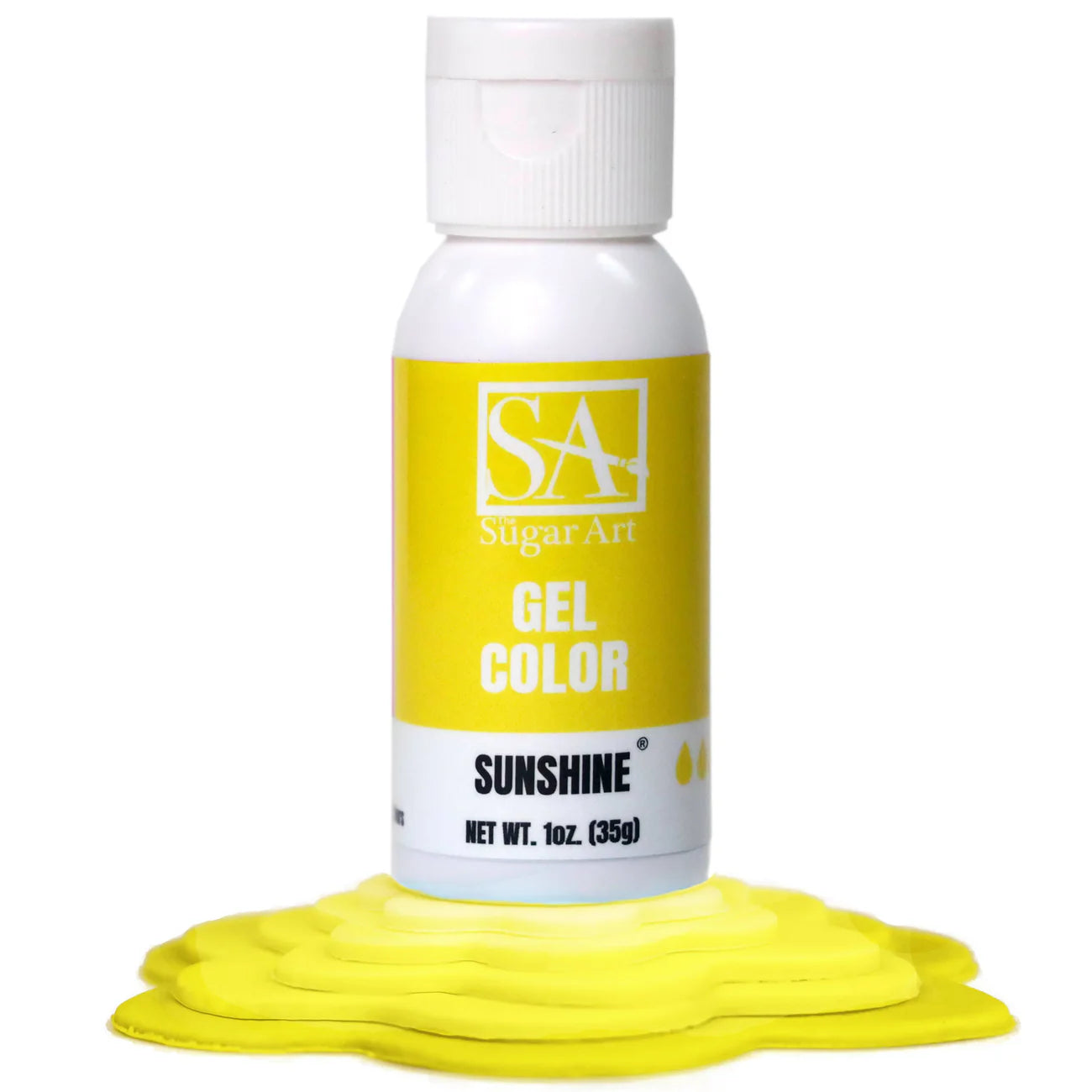 A bottle of Sugar Art Intense Gel Food Coloring in a vibrant shade, shown with the color swatch under each bottle.