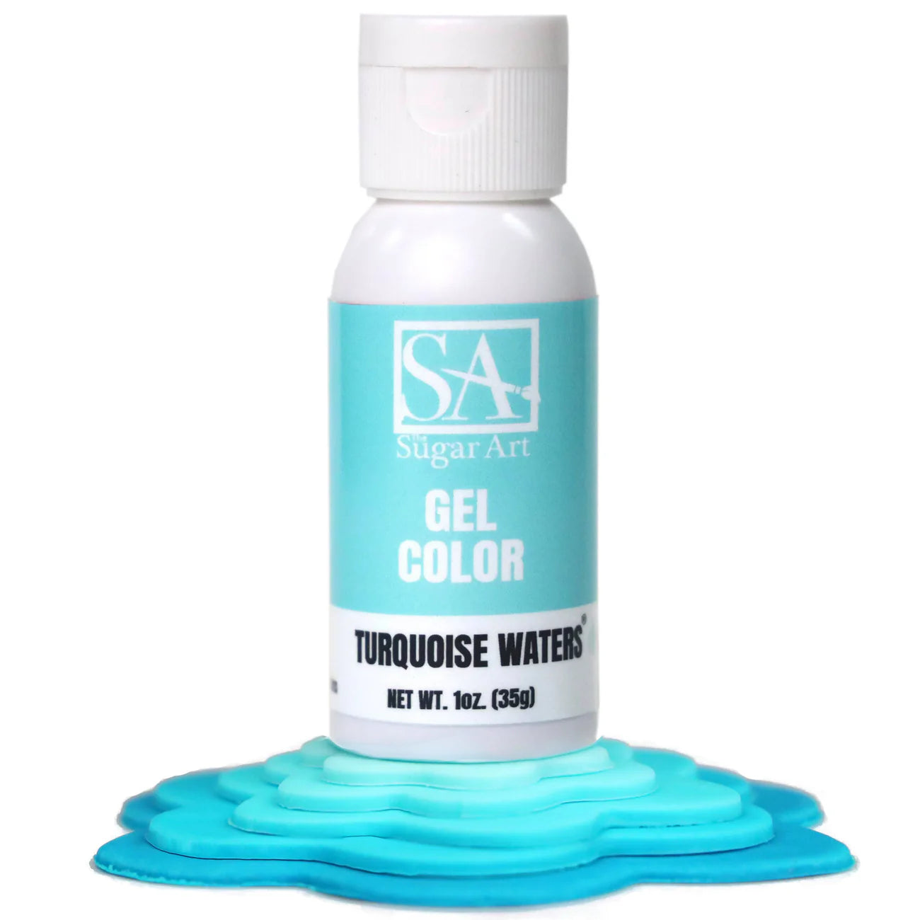 A bottle of Sugar Art Intense Gel Food Coloring in a vibrant shade, shown with the color swatch under each bottle.