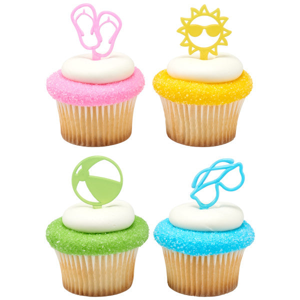 Cupcakes decorated with colorful sugar sprinkles and topped with summer-themed DecoPics, including flip-flops, a sun, a beach ball, and sunglasses.