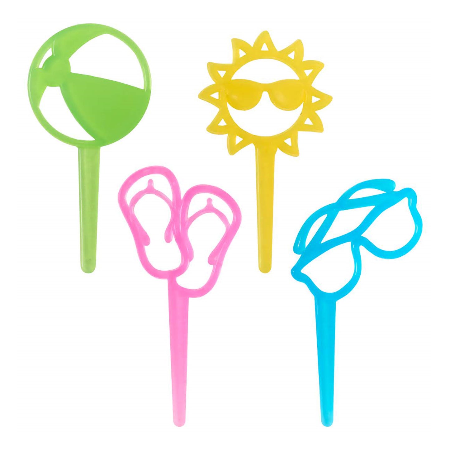 A set of four beach-themed cupcake toppers in bright colors, featuring flip-flops, a sun, a beach ball, and sunglasses.