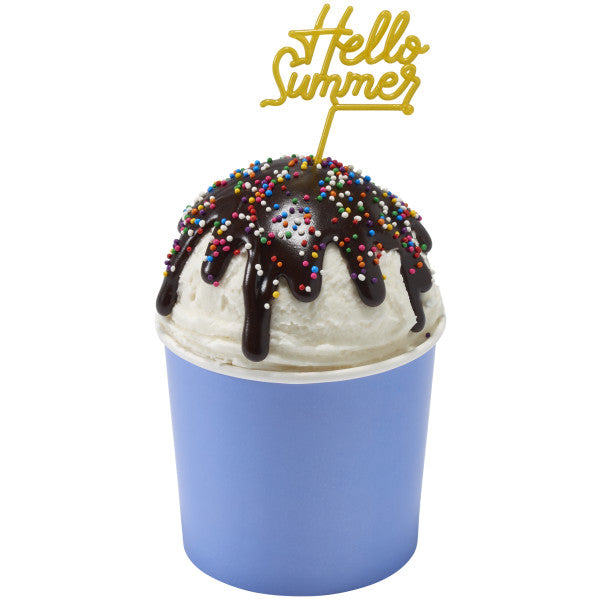 Ice cream cup topped with chocolate sauce, sprinkles, and a yellow "Hello Summer" topper pick.