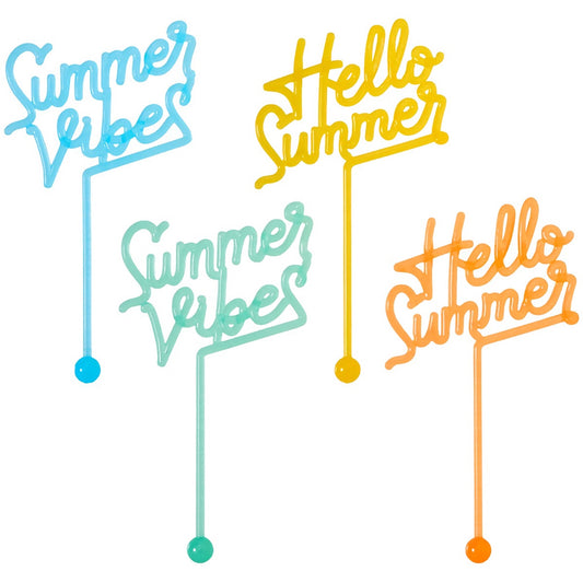 Colorful summer sayings cake topper picks, with phrases like 'Summer Vibes' and 'Hello Summer', adding a bright and cheerful touch to seasonal cakes and treats.