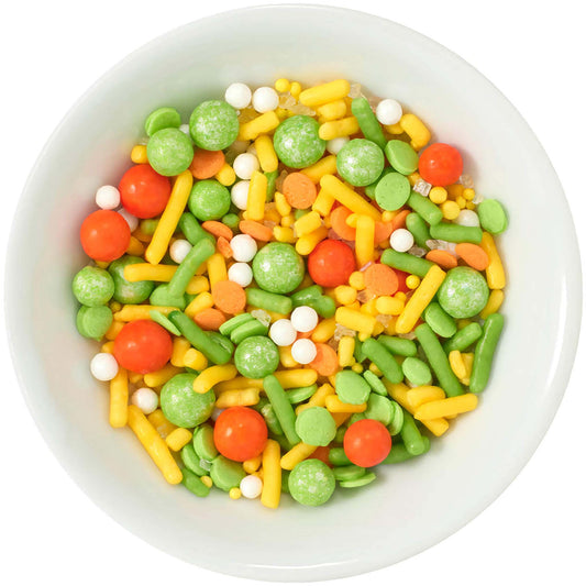 A bowl filled with the vibrant Summer Vibes Deluxe Sprinkle Blend, featuring a colorful assortment of rods, beads, and balls in sunny shades of orange, yellow, green, and white, ideal for bright summer desserts.