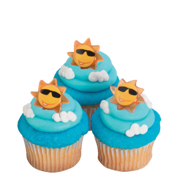 Trio of cupcakes with sky blue frosting and cloud accents, each topped with a sun face ring.