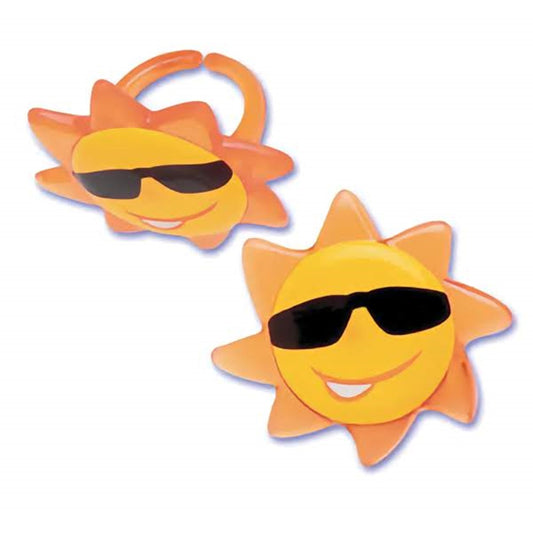 Sun face cupcake topper rings featuring a smiling sun wearing sunglasses, perfect for sunny day celebrations or summer-themed baking decorations.