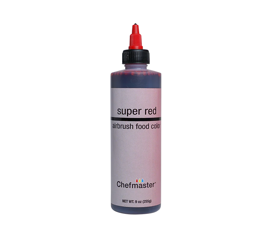 Chefmaster Super Red Airbrush Food Color in a 9 oz squeeze bottle with twist-top nozzle, designed for cake decorating and airbrush applications