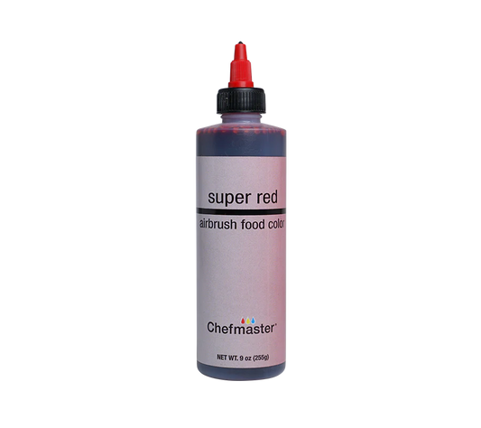 Chefmaster Super Red Airbrush Food Color in a 9 oz squeeze bottle with twist-top nozzle, designed for cake decorating and airbrush applications