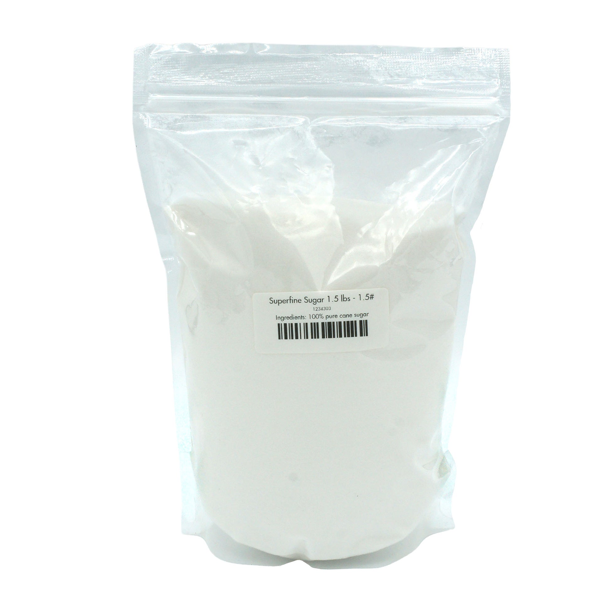 Clear resealable bag of superfine sugar labeled "Superfine Sugar 1.5 lbs – 100% pure cane sugar," ideal for baking and confectionery.