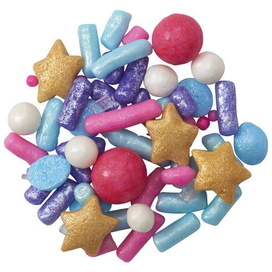 Sweet Tooth Deluxe Sprinkle Blend close-up showcasing a playful mix of pink, white, and blue candy pieces with shimmering stars and large round candies, perfect for birthday or celebration-themed treats.