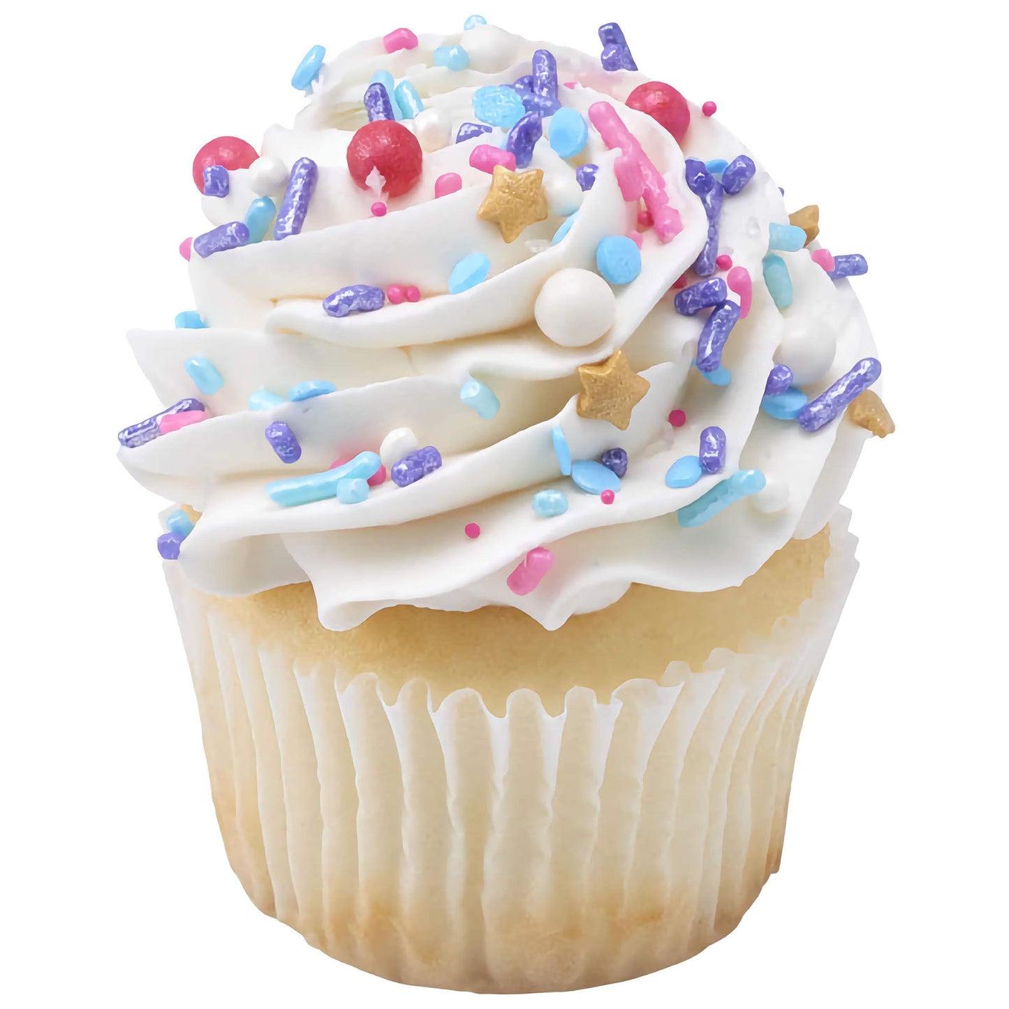 Vanilla cupcake with creamy white frosting sprinkled with Sweet Tooth Deluxe Sprinkle Blend, adorned with pink, blue, and white candy pieces and golden stars, perfect for party celebrations.