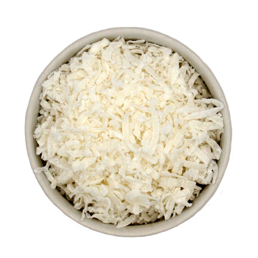 Overhead view of sweetened shredded coconut in a bowl, perfect for cakes, cookies, and candies