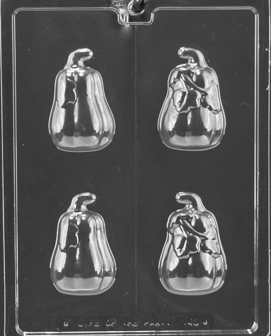 3D Small Pumpkin chocolate mold with pumpkin-shaped cavities forming 3D chocolates; clear mold.