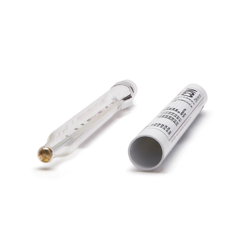 Close-up view of candy thermometer tip and printed sheath, perfect for tracking sugar stages and oil temperatures in cooking.