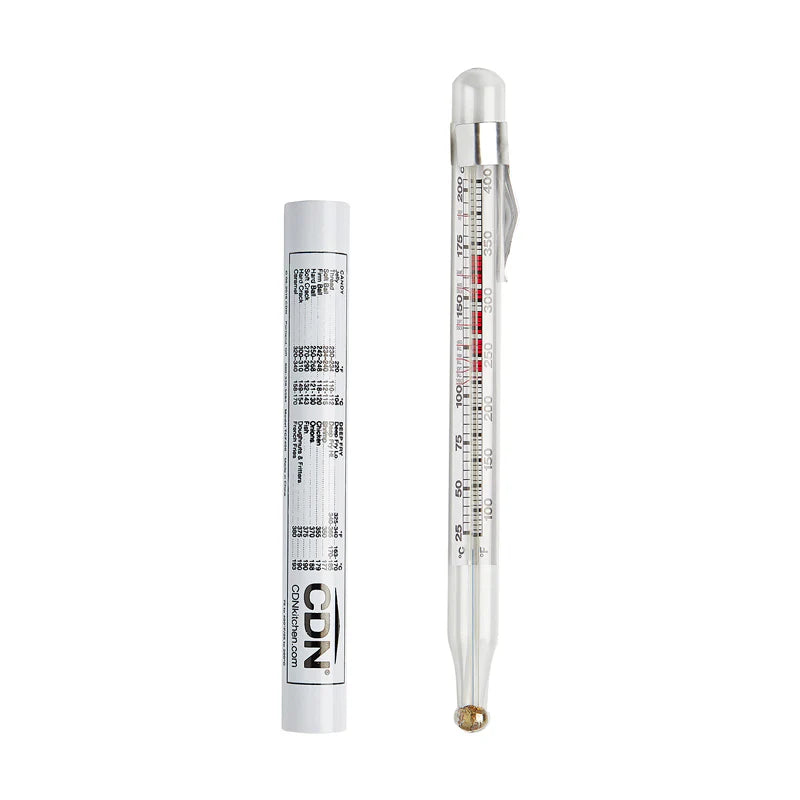 Glass candy and deep fry thermometer with protective sheath, ideal for sugar work, caramel, and jelly recipes.