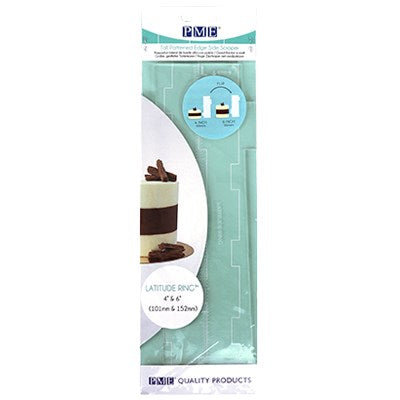 Packaging for PME Latitude Ring Side Scraper for 4" and 6" cakes, showcasing product features and textured edge design.
