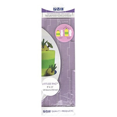 Packaging for PME Latitude Ring Side Scraper designed for 8" and 10" cakes, featuring clear acrylic and textured edge design.