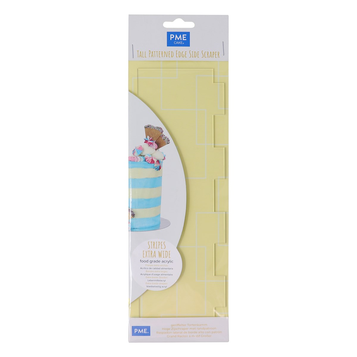 Packaging for PME Extra Wide Stripes Acrylic Side Scraper, designed for tall cakes with bold stripe pattern.
