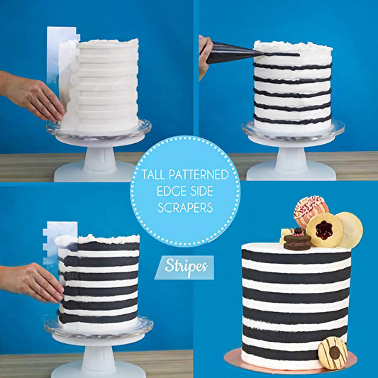 Four-panel image showing the PME tall patterned edge side scraper with stripes, code PS64. Top-left: using scraper on white frosted cake. Top-right: cake with partial stripes. Bottom-left: adding black stripes with a piping bag. Bottom-right: finished cake with black and white stripes, topped with cookies and pastries.