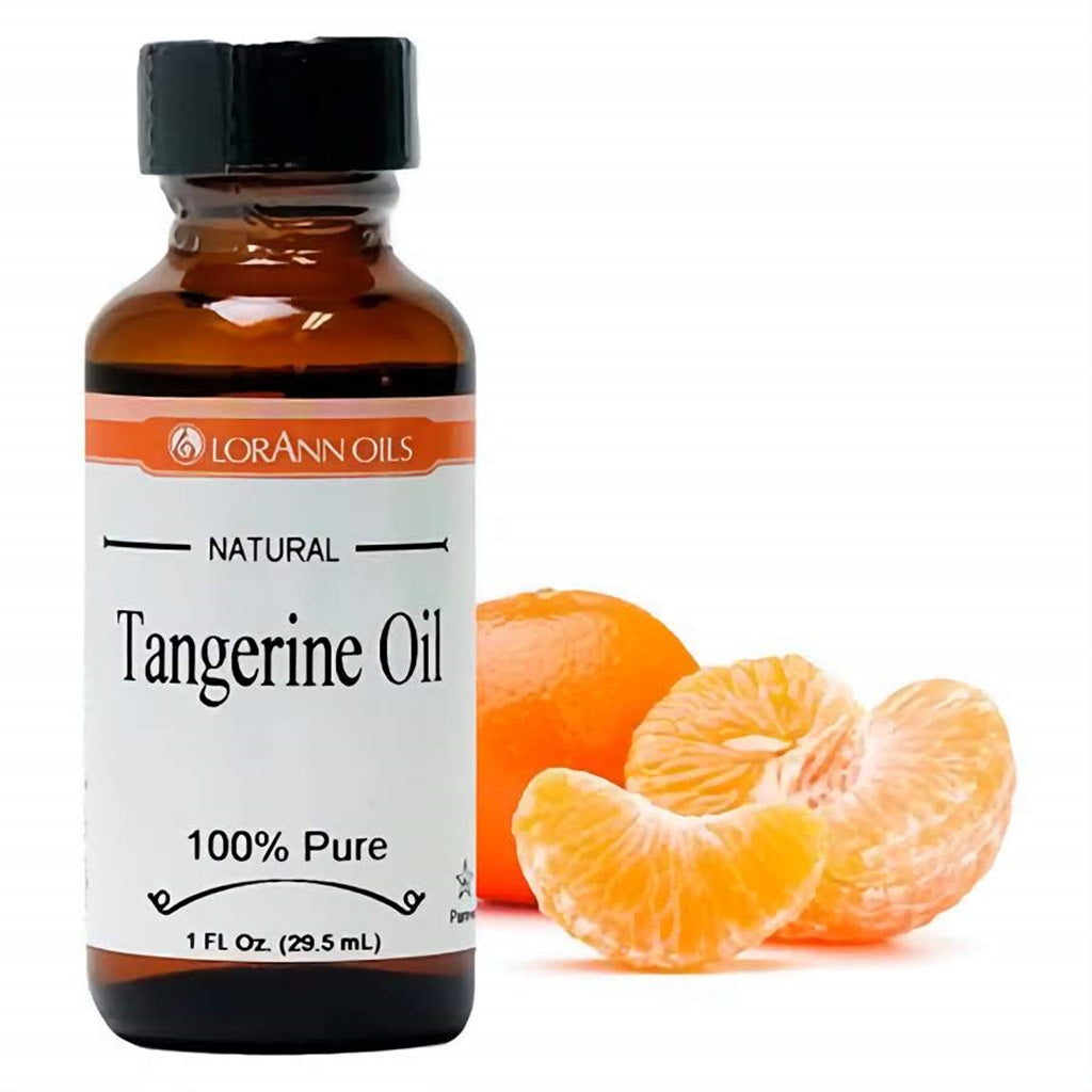 Natural Tangerine Oil by LorAnn in a clear amber bottle with peeled tangerine segments, ideal for citrus-scented baked goods and sweets.