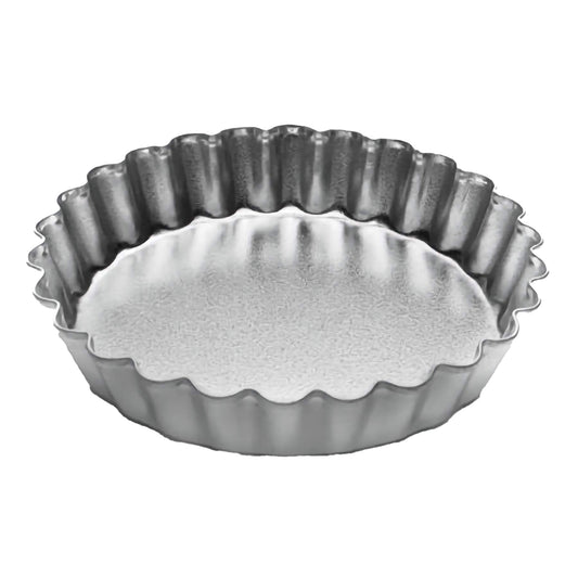 4-inch fluted tartlet pan with fixed bottom, made of tin-plated steel, ideal for baking mini desserts or savory tarts.