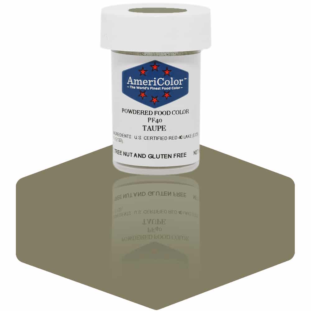 AmeriColor Taupe powdered food coloring 3 gram container displaying soft brown-gray powder for neutral palettes.