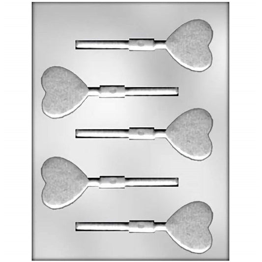 Chocolate sucker mold with four textured heart-shaped cavities attached to sticks, designed for creating heart-shaped lollipops with a detailed surface pattern.