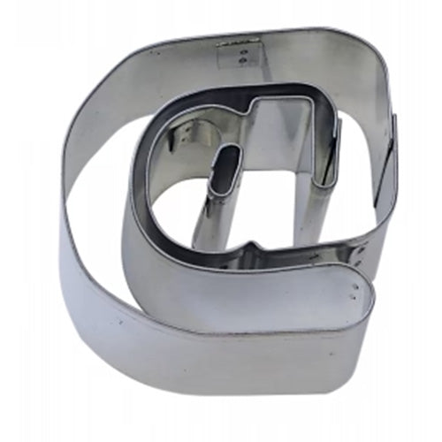 Metal “@” symbol cookie cutter with an inner cut-out detail, shown from above on a white background.