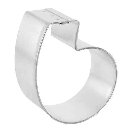 Side view of a sturdy tinplated steel cookie cutter shaped like the number 6 or 9.