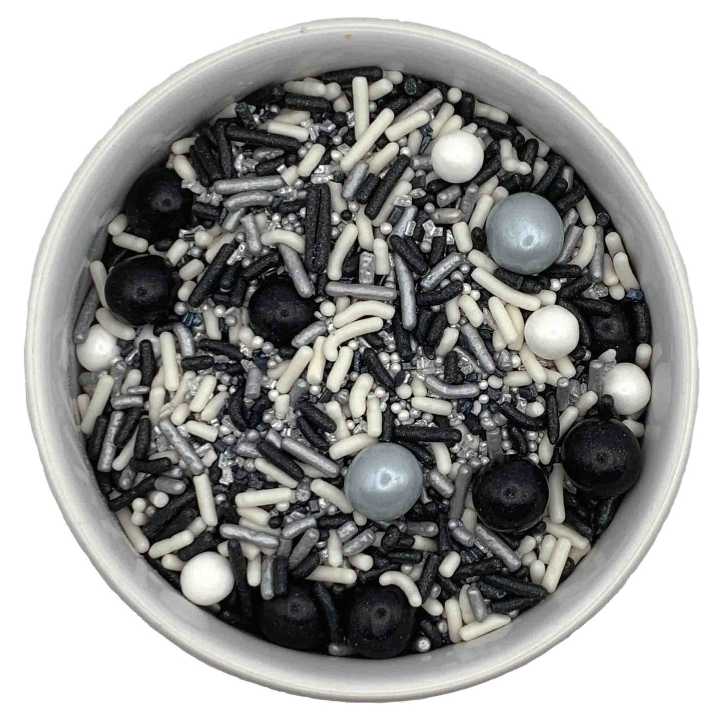 Black, grey, and white sprinkle blend featuring Sixlets, sugar pearls, jimmies, nonpareils, and silver sanding sugar.