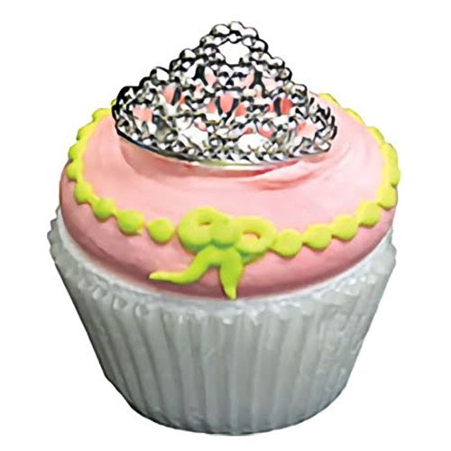 Pink tiara-shaped cupcake topper, perfect for adding a royal touch to cupcakes for princess-themed parties, available at Lynn's Cake, Candy, and Chocolate Supplies.