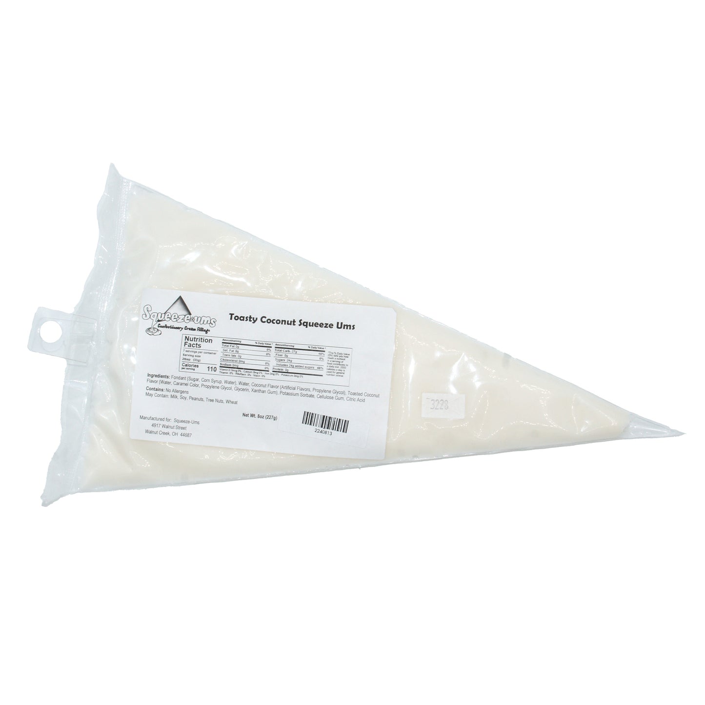 Toasty Coconut Truffle Filling Squeeze-Ums in an 8 oz bag, toasted coconut-flavored soft cream candy filling for truffles and chocolates.