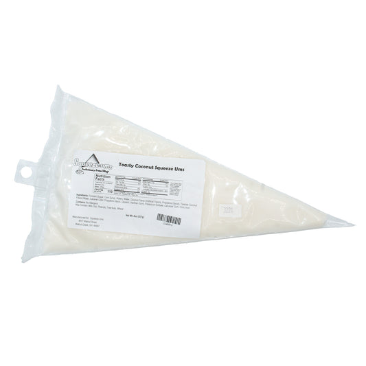 Toasty Coconut Truffle Filling Squeeze-Ums in an 8 oz bag, toasted coconut-flavored soft cream candy filling for truffles and chocolates.