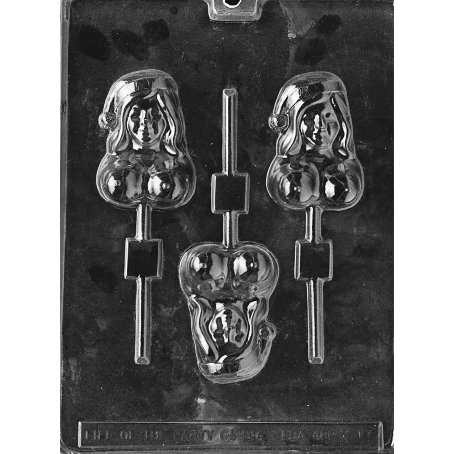 Clear Topless Lady with Santa Hat Chocolate Lollipop Mold photographed against a dark background, showing three female torso cavities with Santa hats and lollipop stick channels.