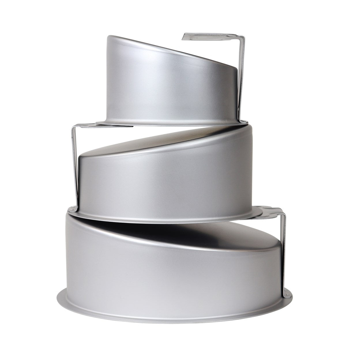 Set of three stacked topsy turvy cake pans in graduated sizes with angled walls and built-in metal supports for level baking.