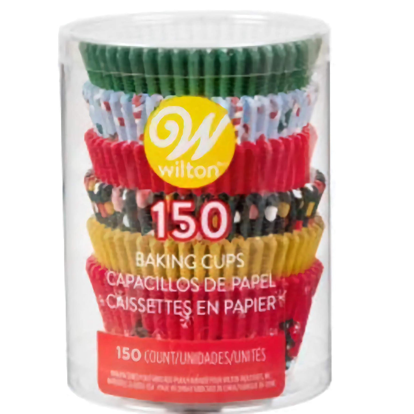 Clear container of 150 Wilton Christmas baking cups featuring a variety of festive holiday designs.