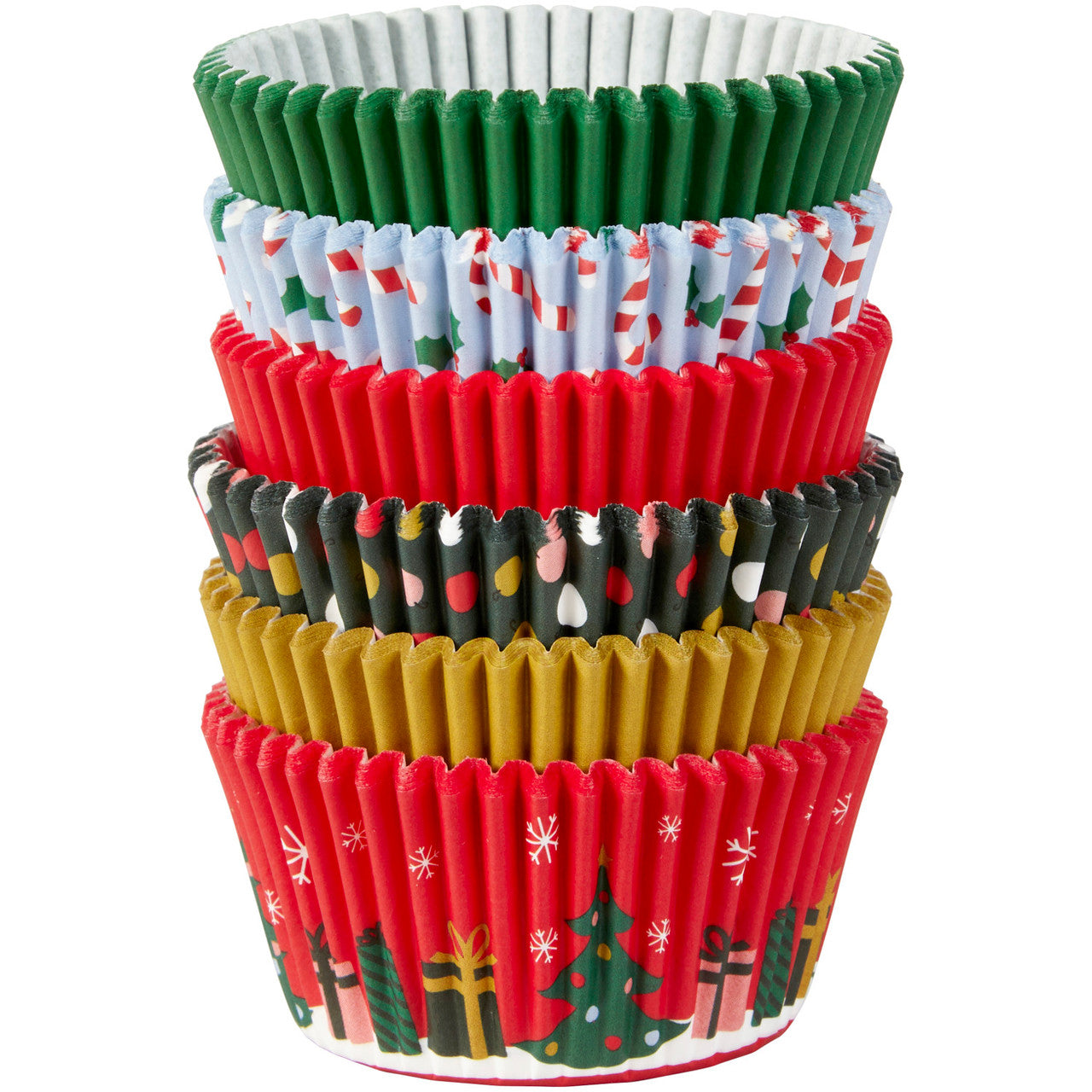Stack of Wilton Christmas baking cups in six traditional holiday designs including Christmas trees, lights, and candy canes.