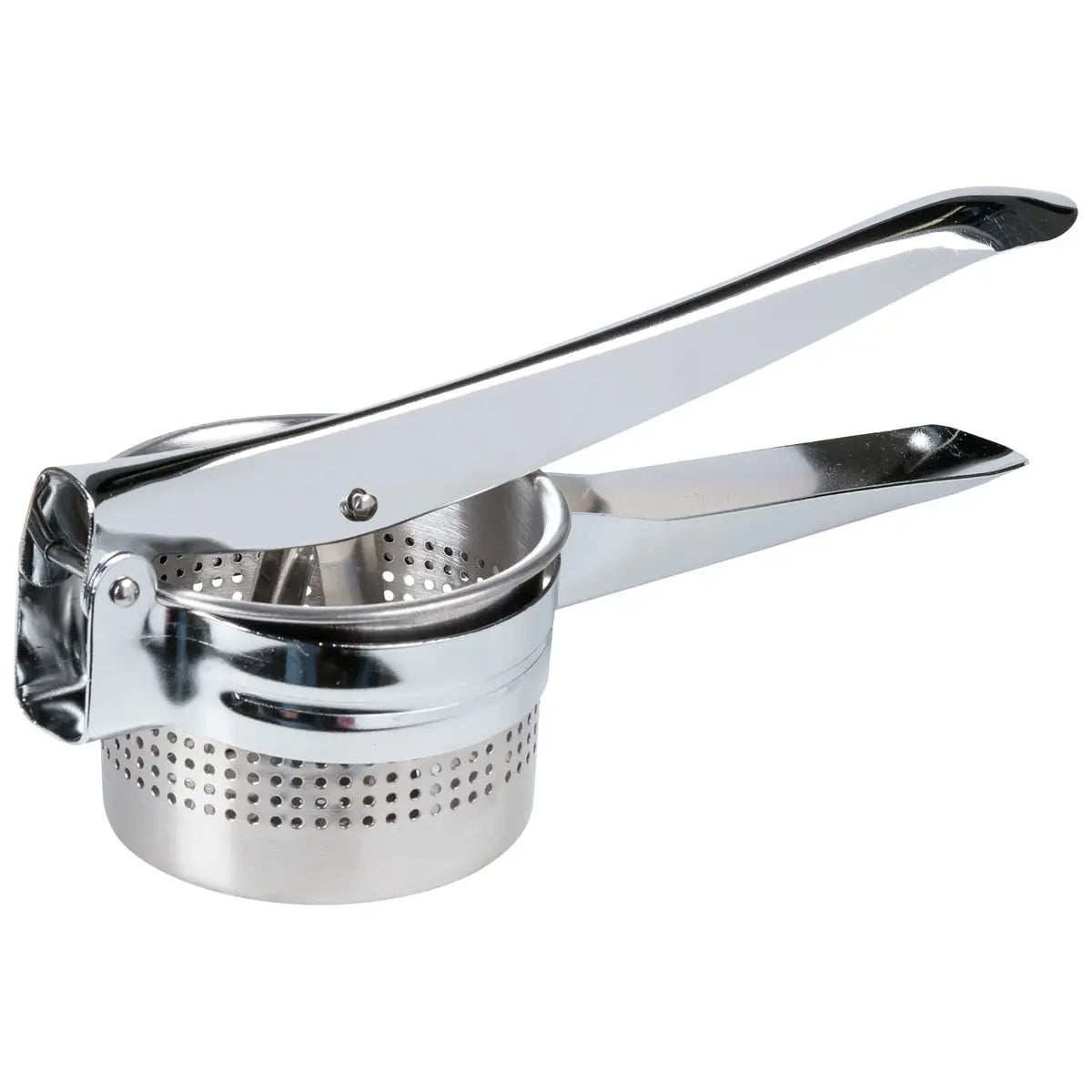 A high-quality chrome-plated potato ricer with a perforated removable basket, designed for making lump-free mashed potatoes, lefse, and vegetable purées.