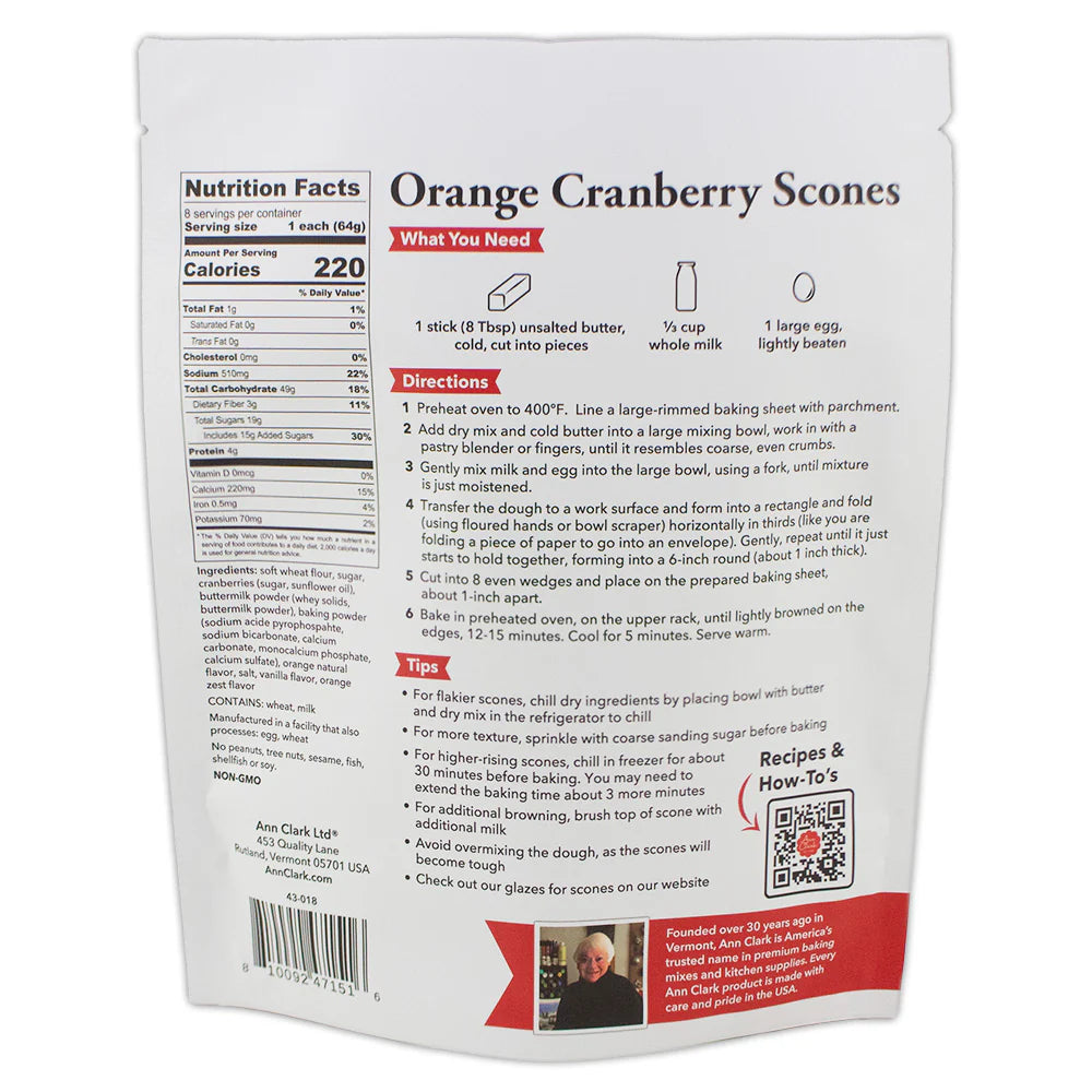 Back of Ann Clark Cranberry Orange Scone Mix package with nutrition facts, baking directions, ingredients list, and preparation tips.
