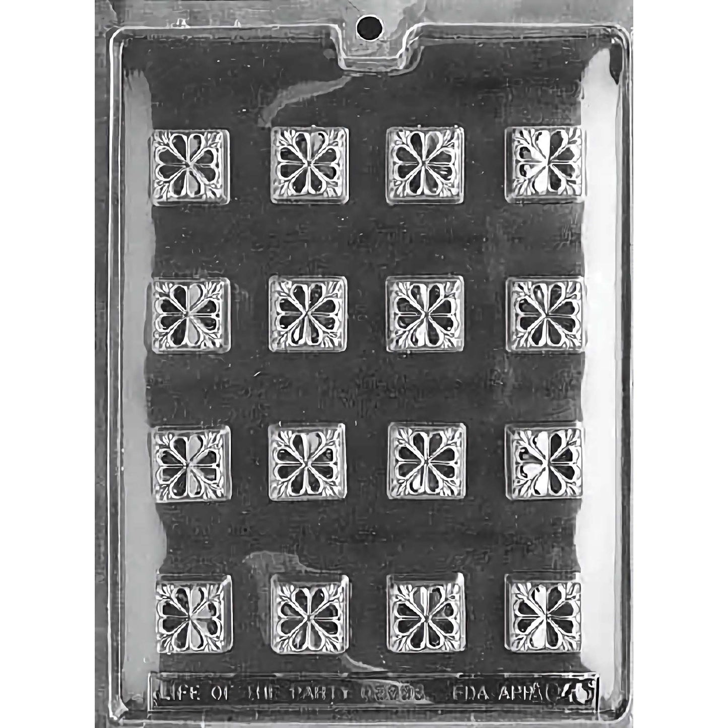 Clear plastic chocolate mold with 15 cavities, each forming a detailed square chocolate piece with an intricate floral pattern.