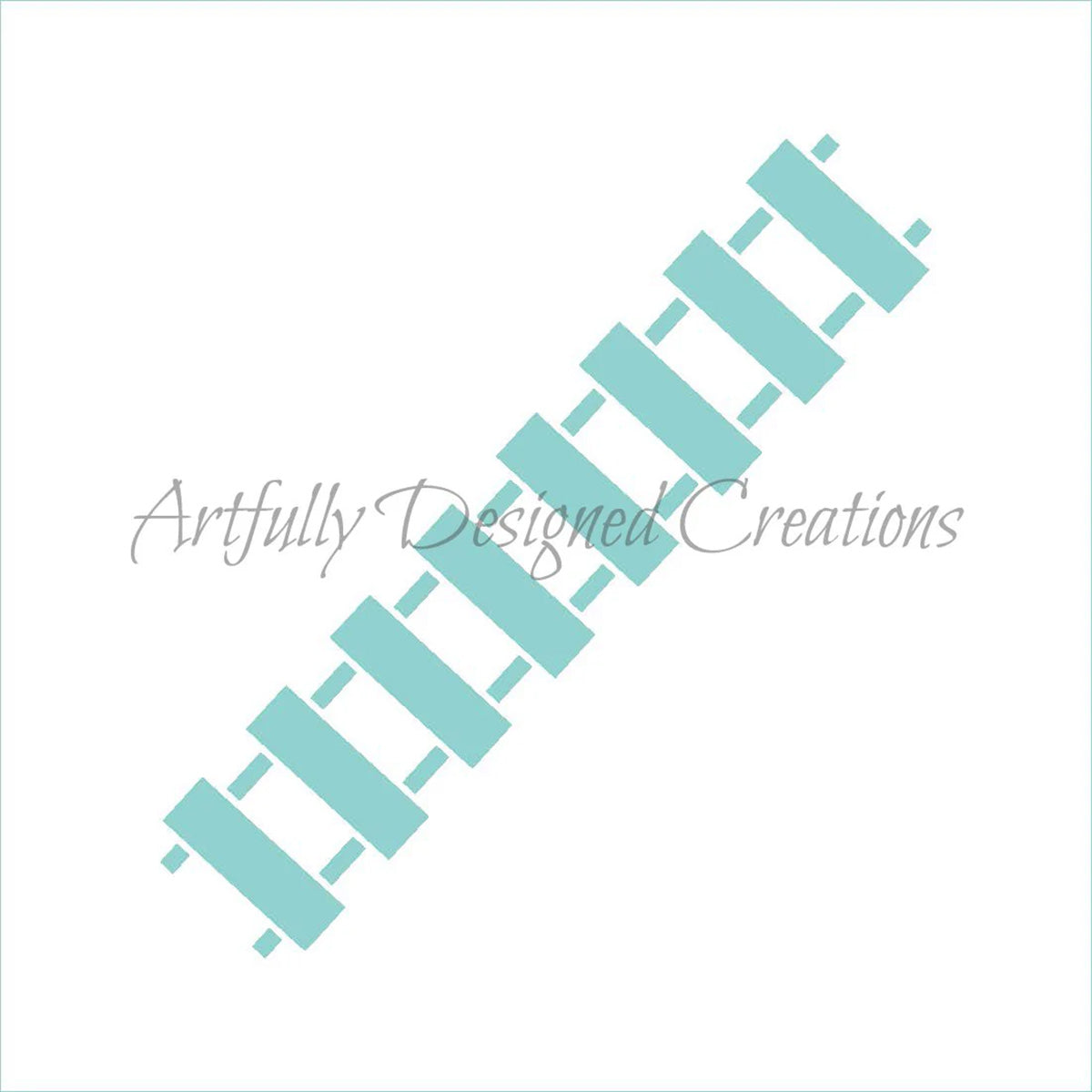 Train track stencil design showing a diagonal railroad track pattern with teal open sections on a white background, used for airbrushing or icing cookies.