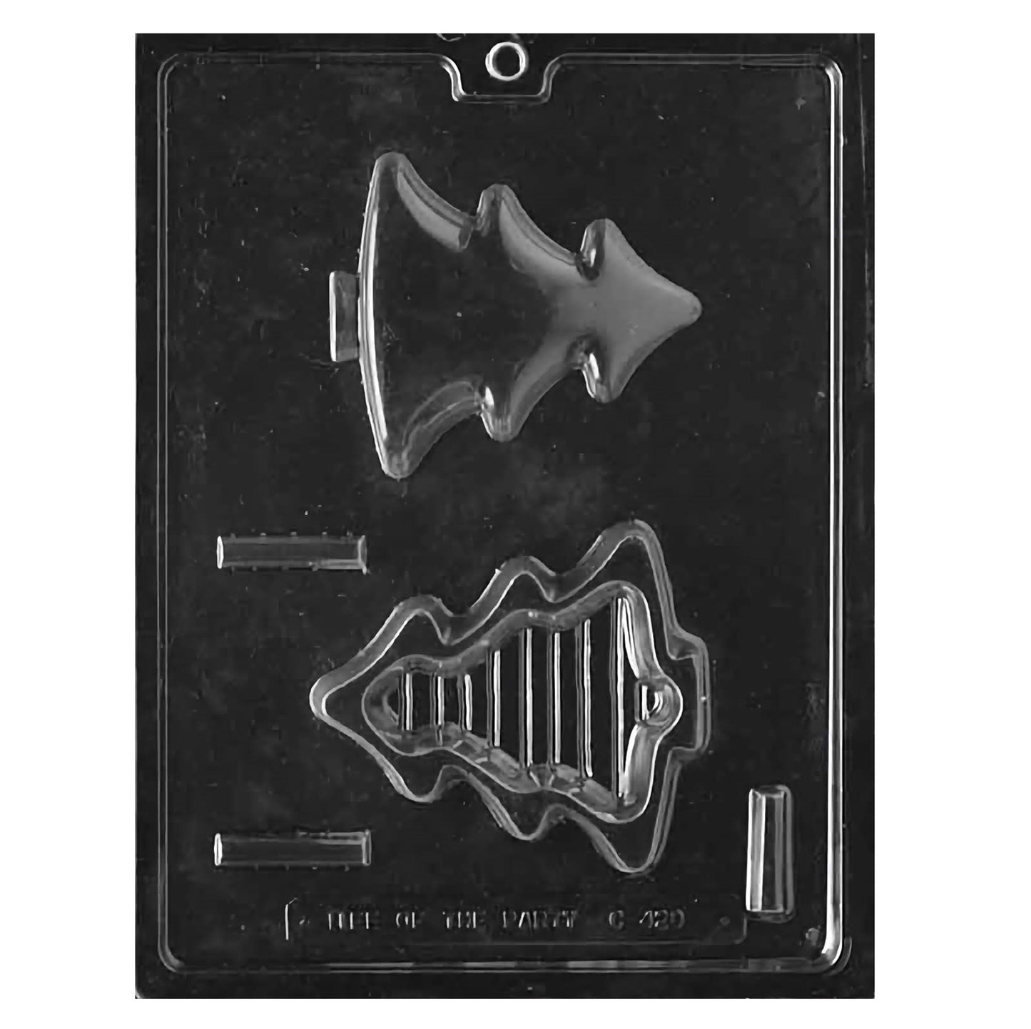 A two-part chocolate mold designed to create a three-dimensional pine tree-shaped pour box, which can be filled with small candies or gifts, adding a creative touch to holiday treats or festive decorations.