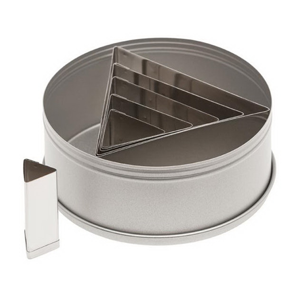 Set of 6 stainless steel triangle cutters from Ateco, neatly nested inside a round tin with one cutter displayed separately.