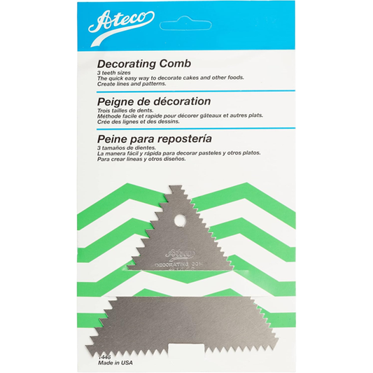 Decorating comb with triangular shape and three textured edges, packaged with label in English, French, and Spanish.