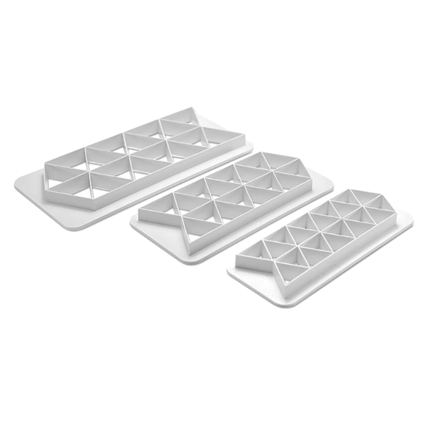 Ateco 3-piece triangle fondant cutter set, featuring three white plastic cutters with multiple triangular cutouts for uniform designs.