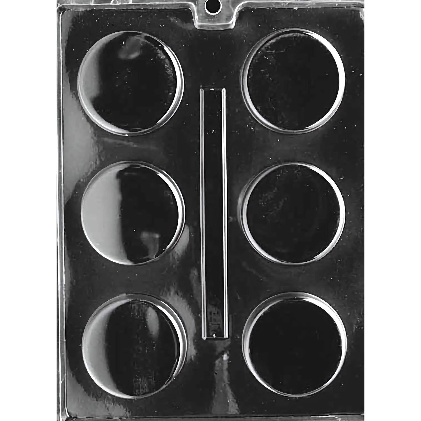 Clear plastic chocolate mold designed for making circular truffles, featuring six compartments arranged in two rows of three. Each compartment is a smooth, round shape, ideal for creating uniform truffles.