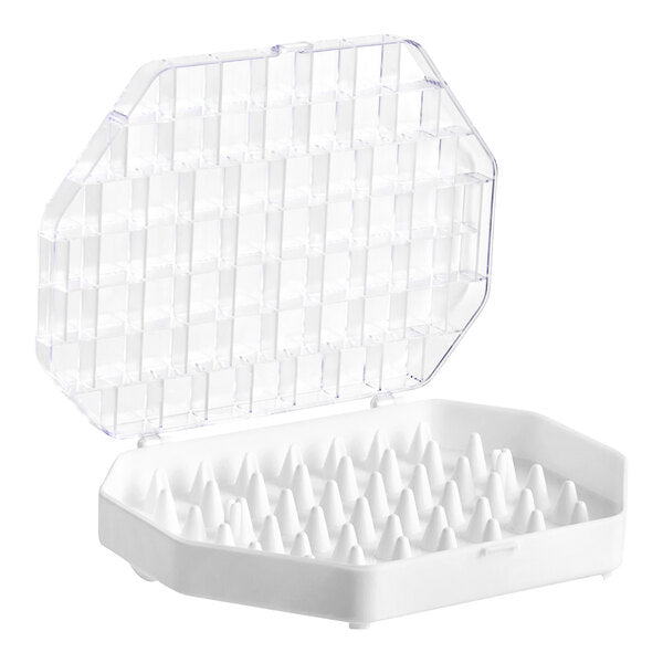 Ateco piping tip storage box open, clear hinged lid and white base with 49 raised pegs for holding small pastry tips, shown on a white background.