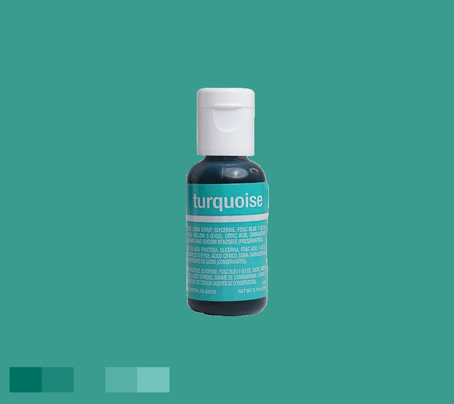 Vibrant Turquoise Chefmaster edible food coloring gel, 0.70 oz, for creating stunning blue-green hues in desserts, topped with a white cap.