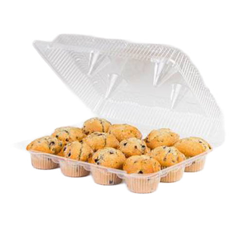 Clear plastic 12-cavity container holding mini muffins with a hinged lid propped open, showing the molded wells and ribbed lid.