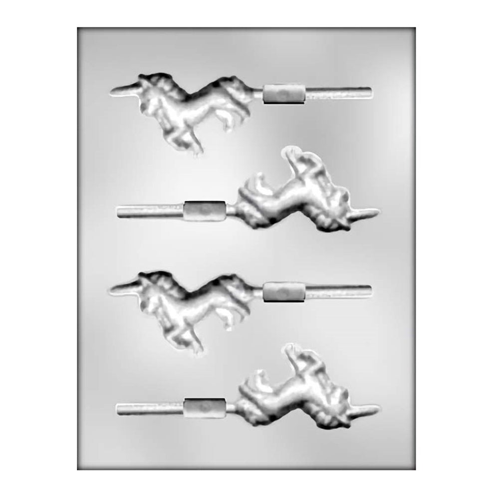 A whimsical chocolate lollipop mold featuring four majestic unicorns in mid-gallop, with flowing manes and tails, capturing the magic and fantasy of these mythical creatures for themed parties or creative confectionery.